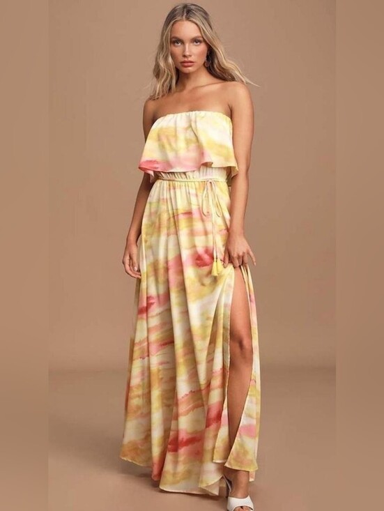 Lulus Dresses & Skirts - Lulu's Full Of Sunshine Strapless Watercolor Maxi Dress in Yellow & Pink Size M